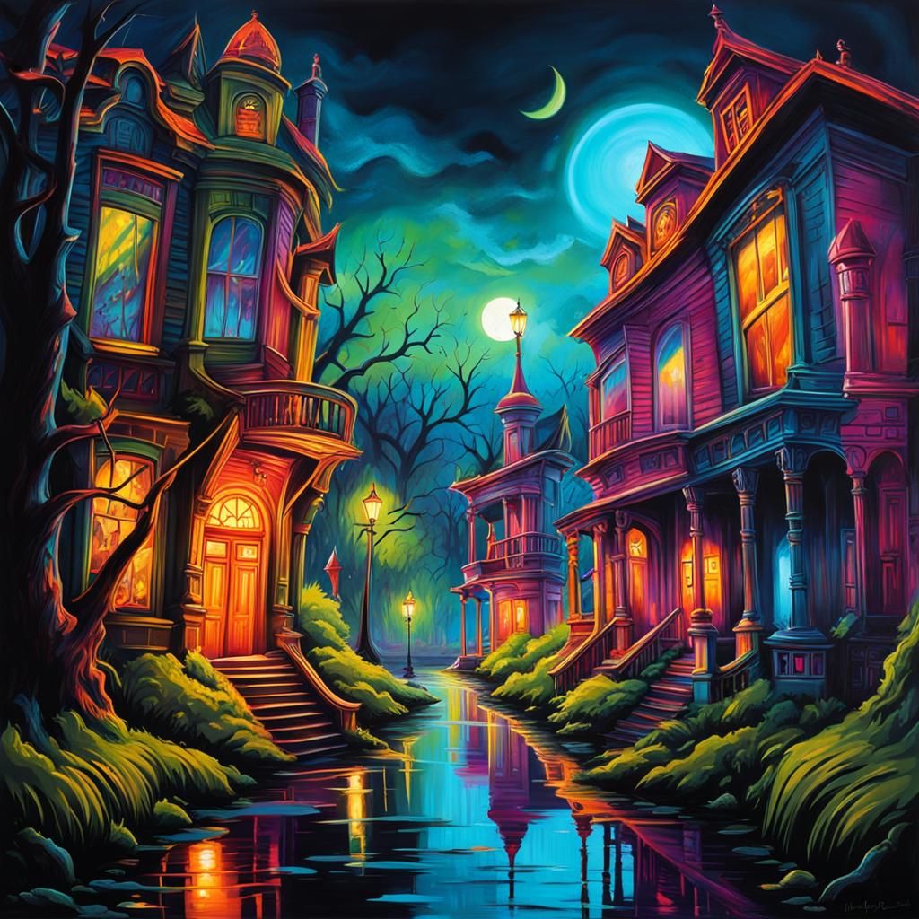 Haunted Theme Park Houses in Graffiti Art Style