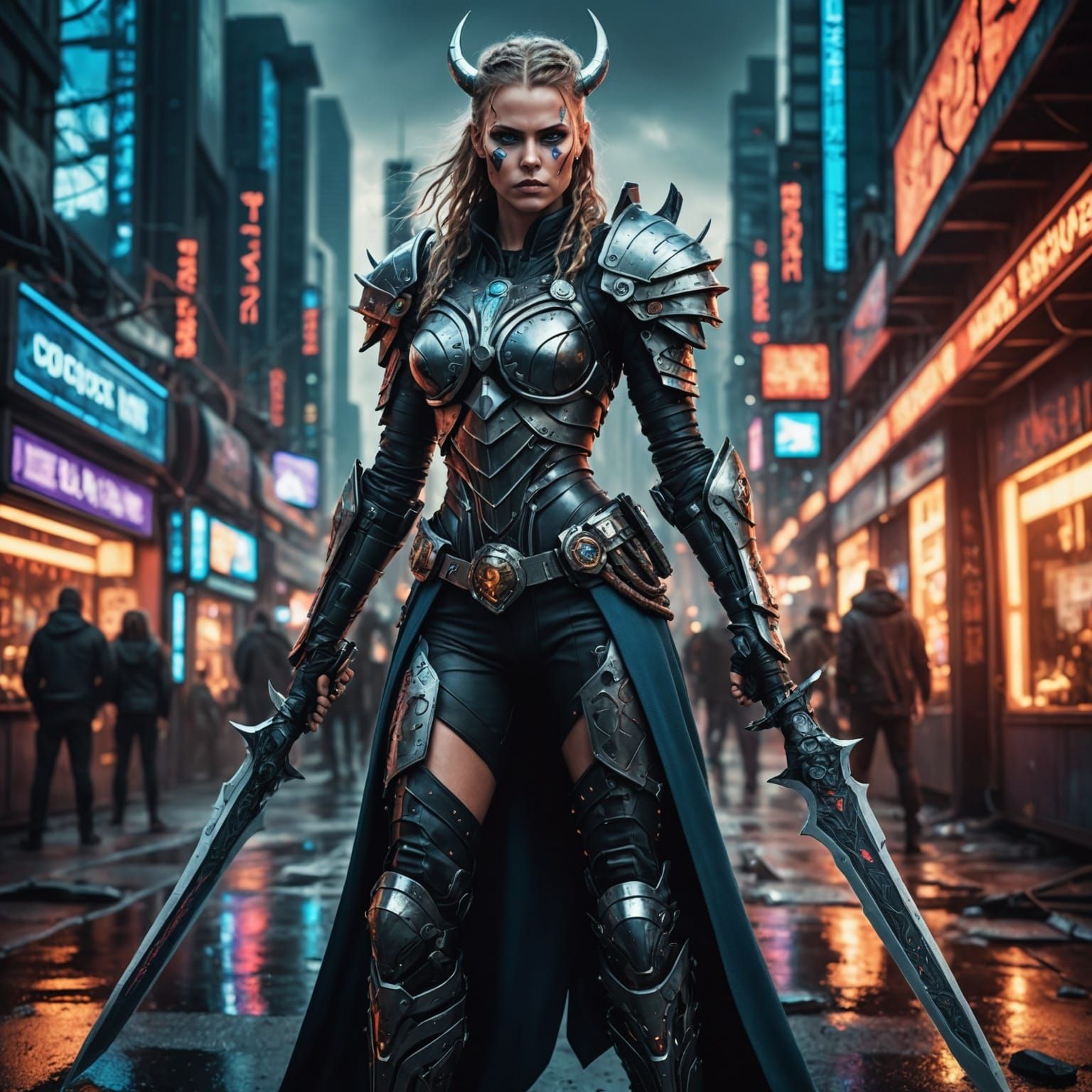 Full body, female viking re-imagined as a cyborg with extens...