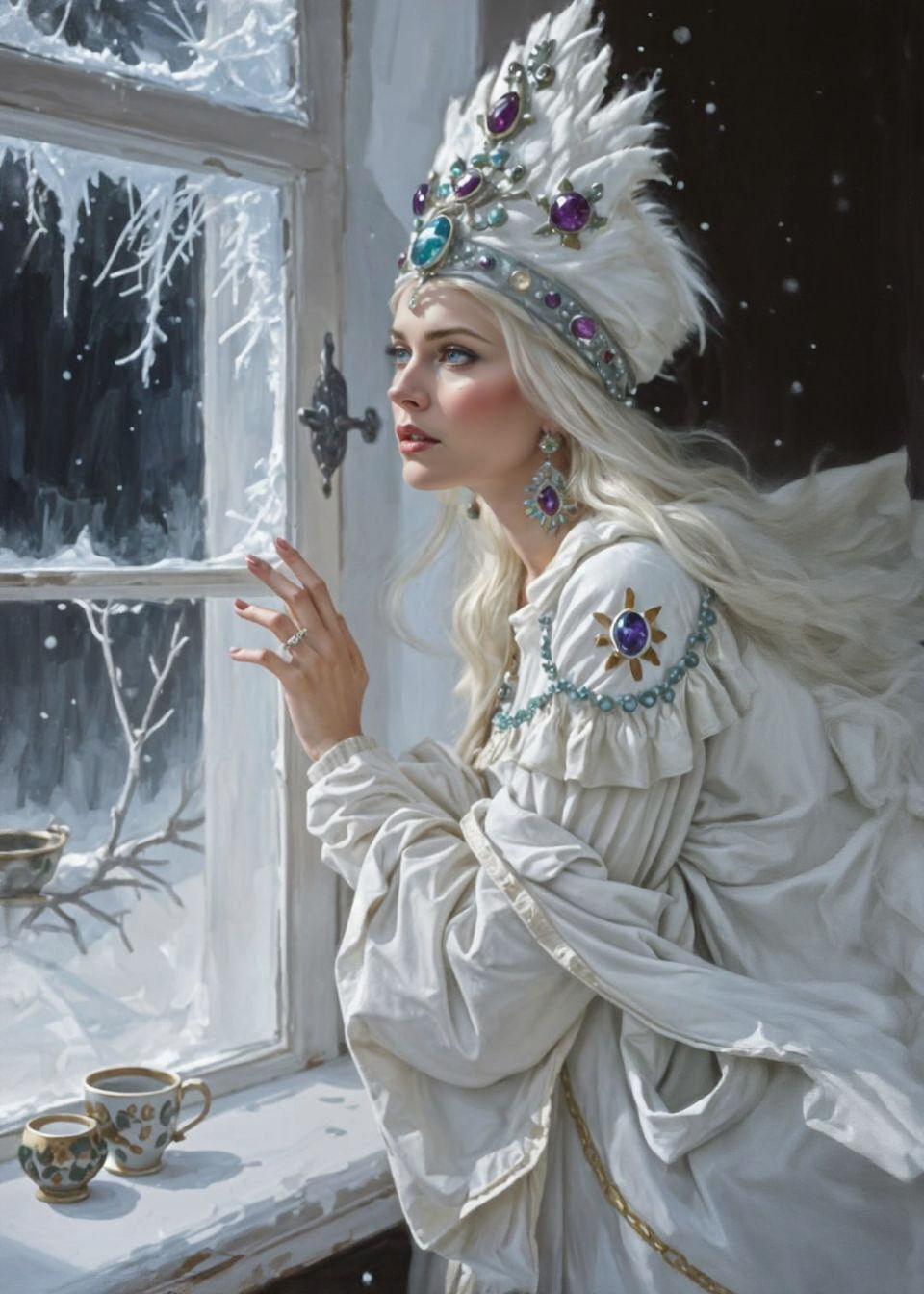 Snow Queen Gazes into House, Oil Painting