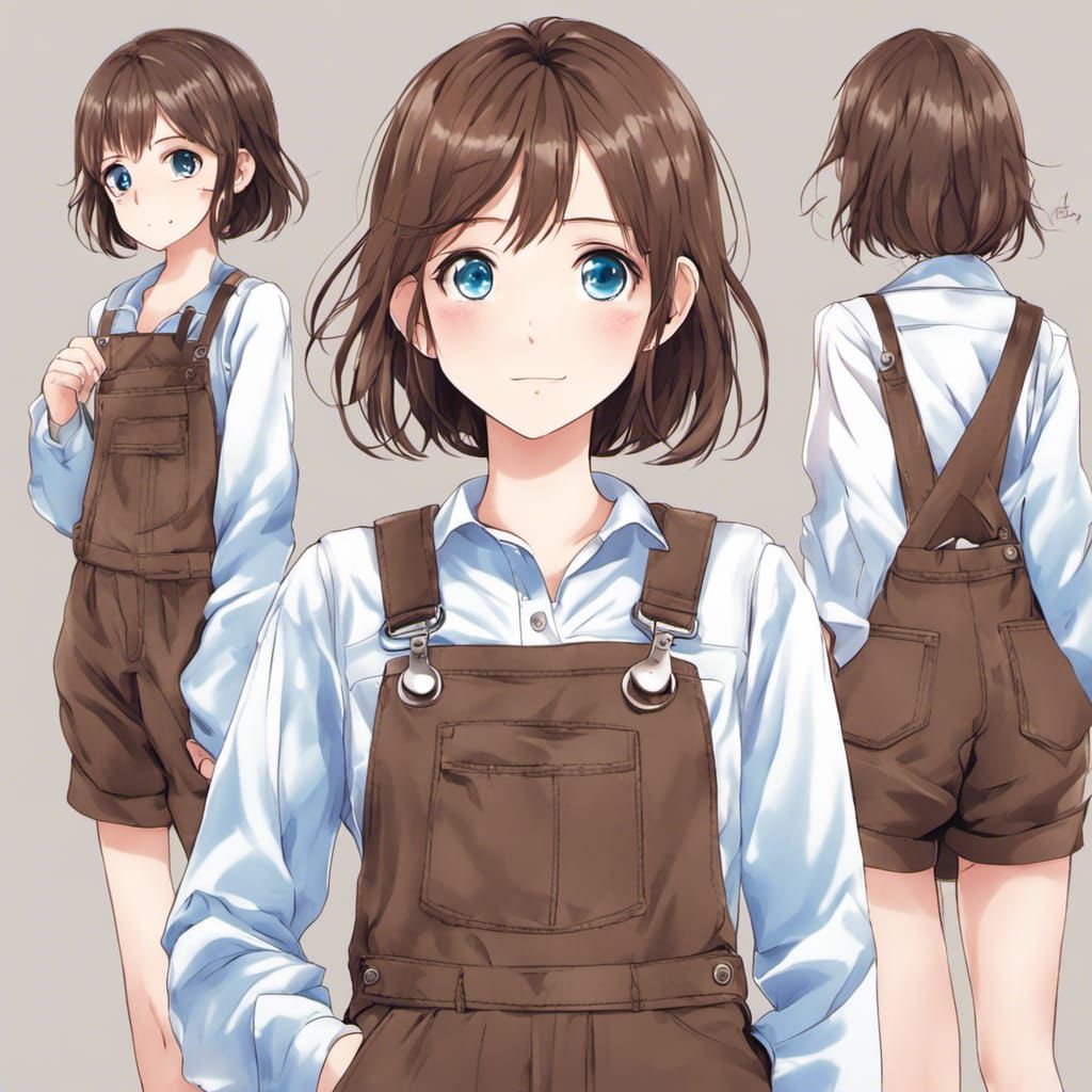 Anime Girl with Brown Hair and Overalls
