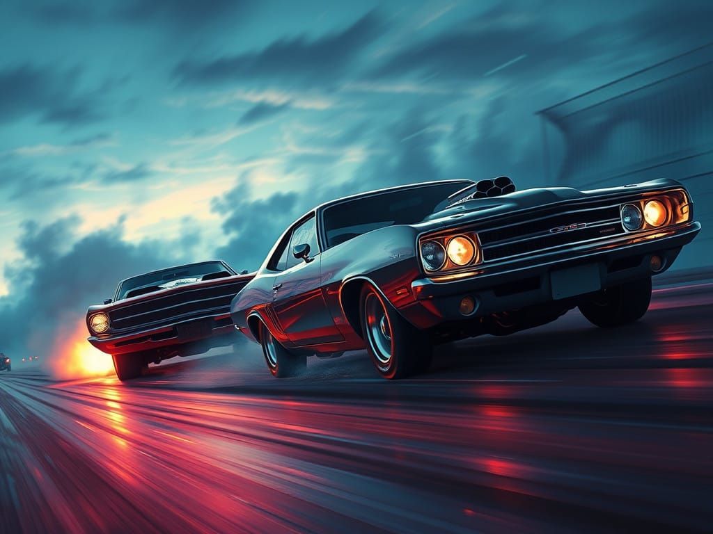Vibrant Muscle Cars in Cosmic Drag Race
