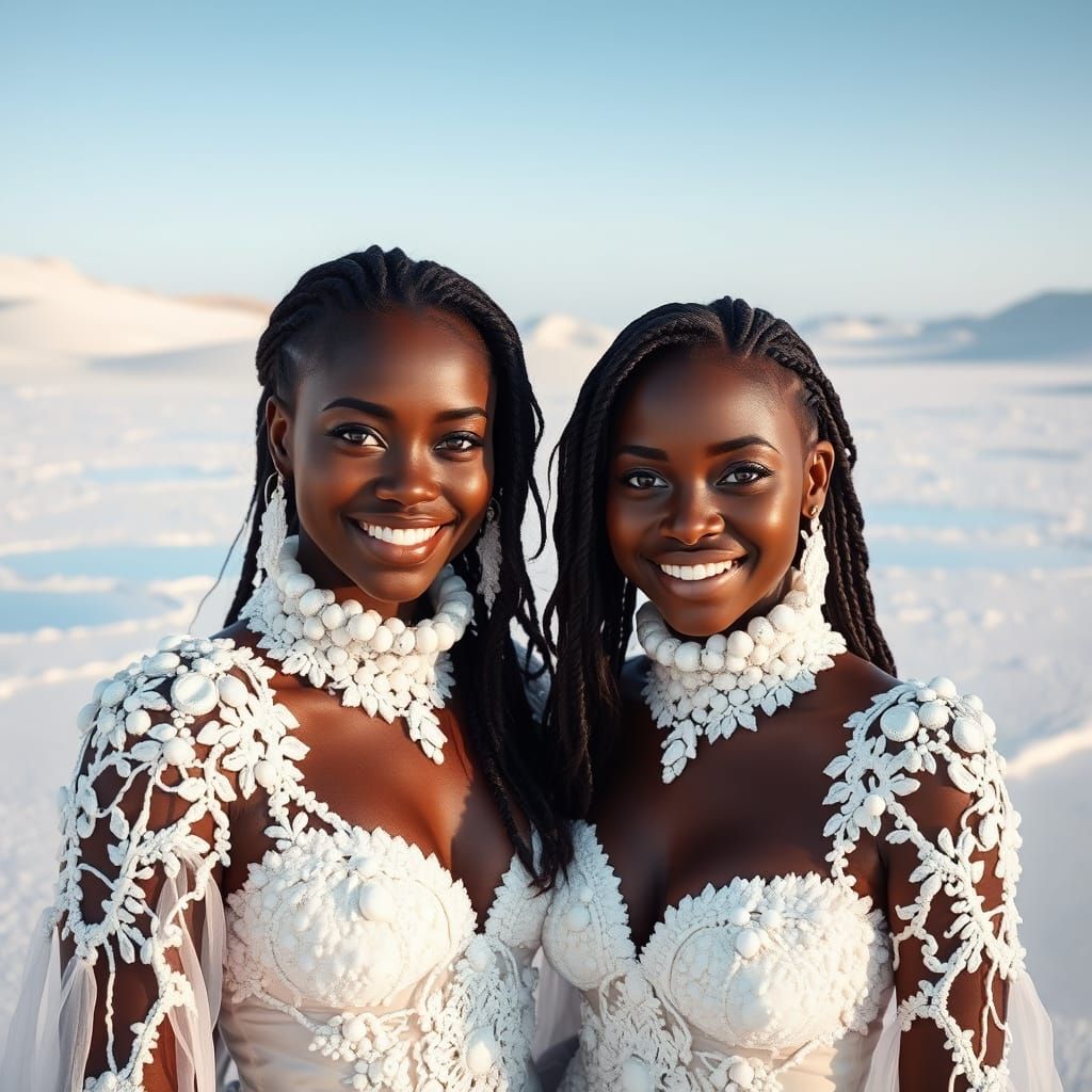 Crystal Adorned Women in White Desert Landscape