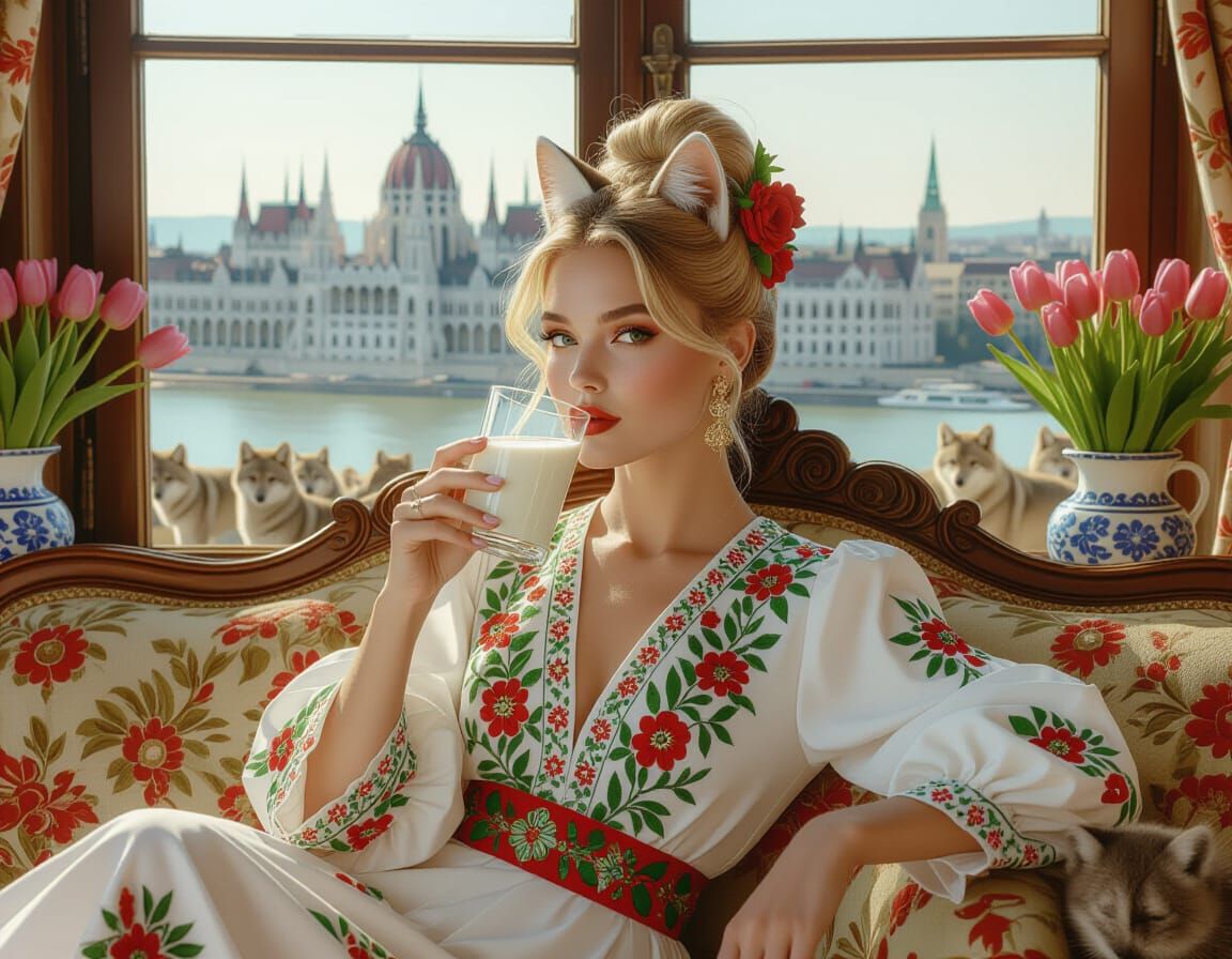 Woman in Matyó Folk Dress with Wolf Cubs