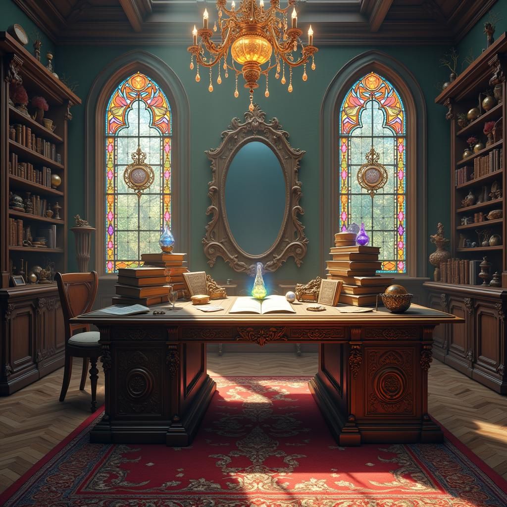 Magical Desk with Mystical Objects in Fantasy Academy