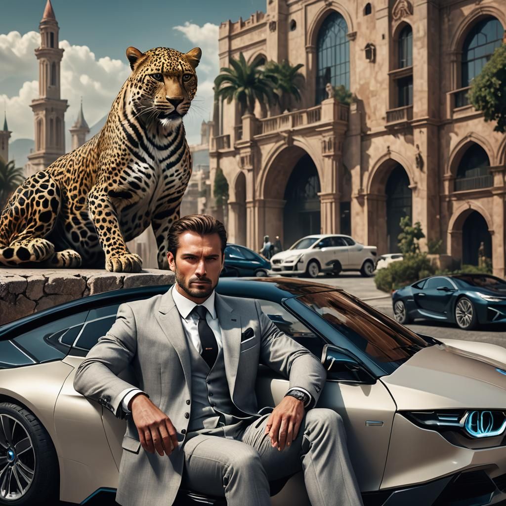 Man in Italian Suit with Leopard and BMW, Fantasy Art