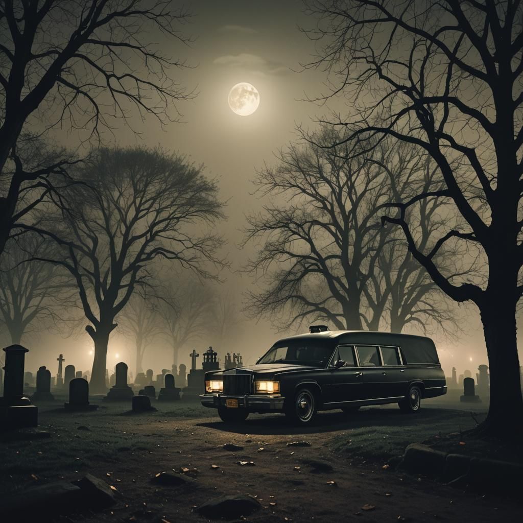 Hearse in Fog-Shrouded Cemetery at Night