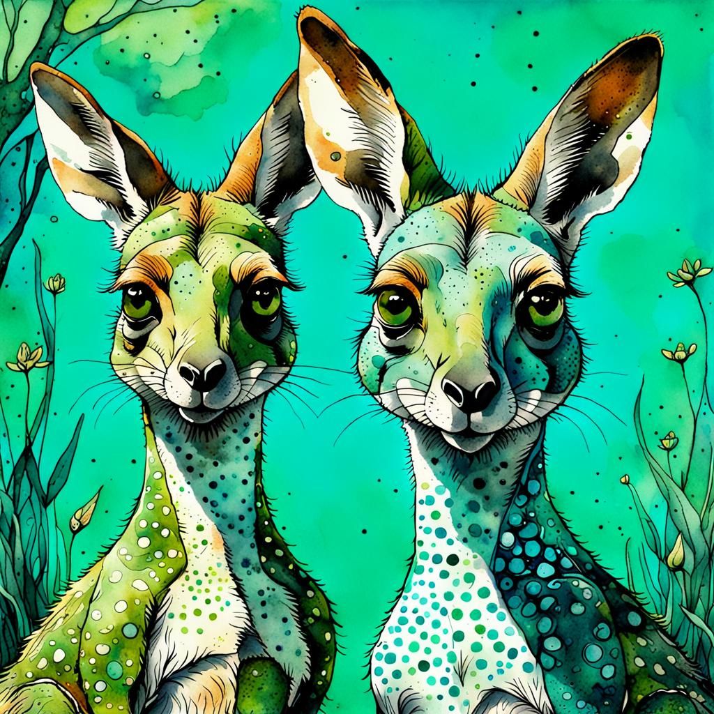 Whimsical Kangaroos in Surreal Bioluminescent Watercolour