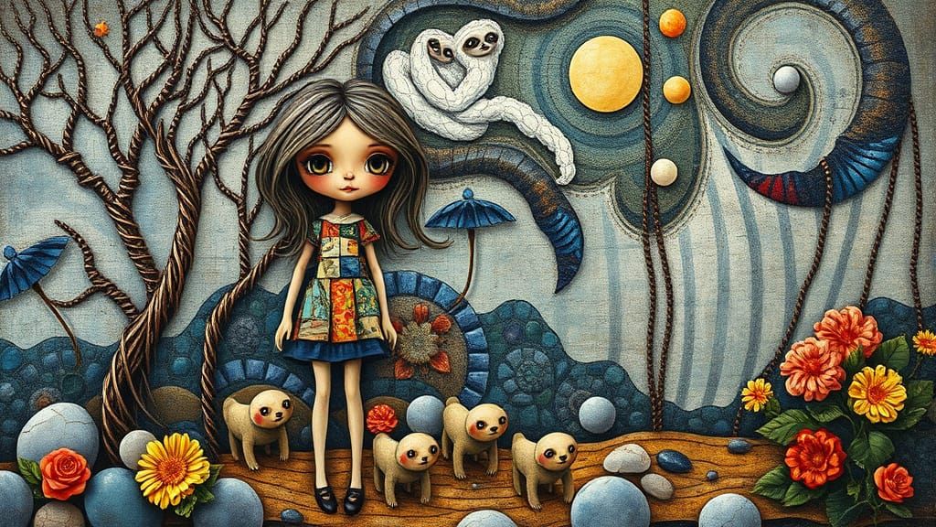 Whimsical Ragdoll Girl with Sloth Spirits in Mosaic Art Deco...