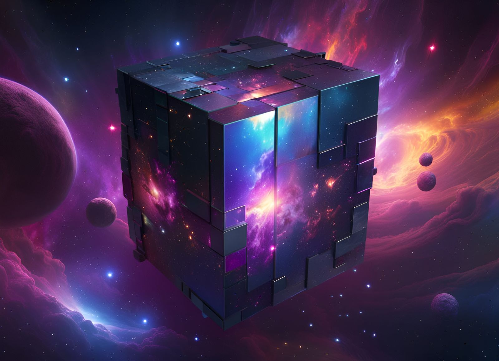 Mirrored Space Cube Through Nebula in Hyperrealistic Style