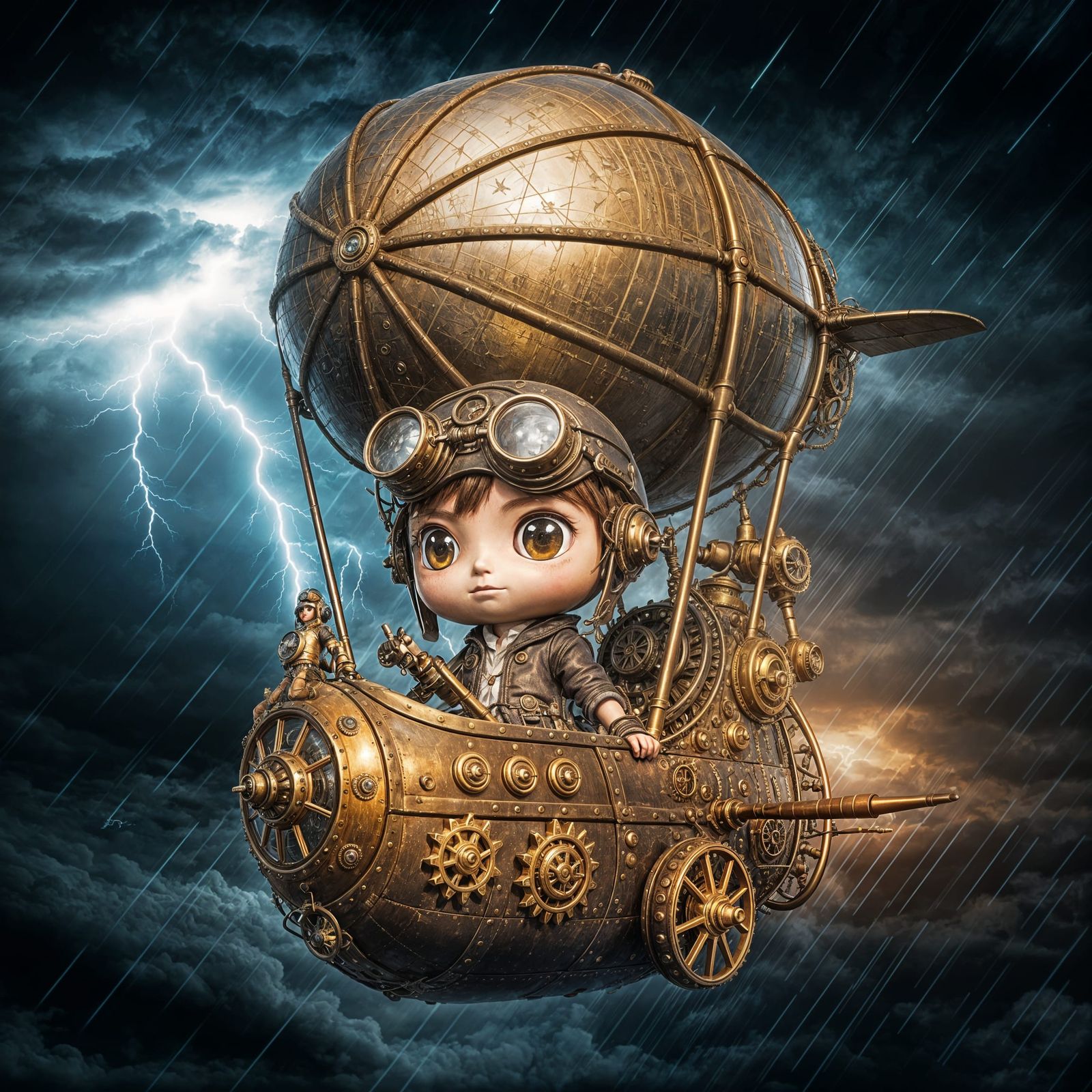 Steampunk Pilot Navigates Storm in Miniature Airship