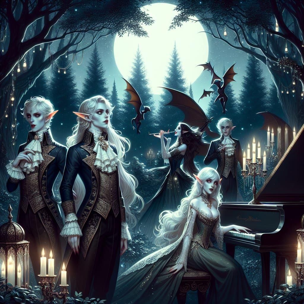 Fantasy Vampire Elves in Moonlit Forest Village