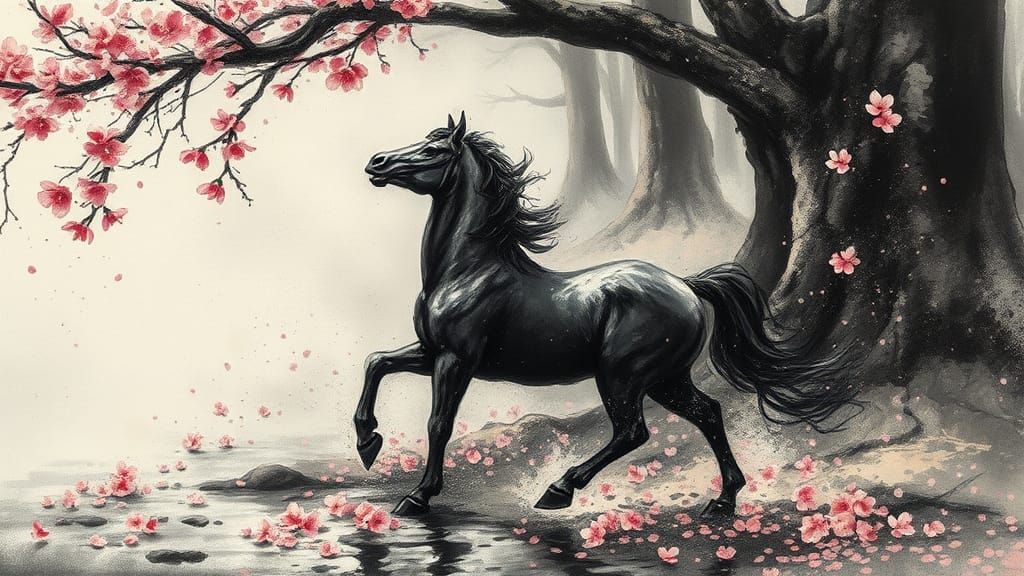 Ink Splatter Centaur Plucking Cherry Blossom