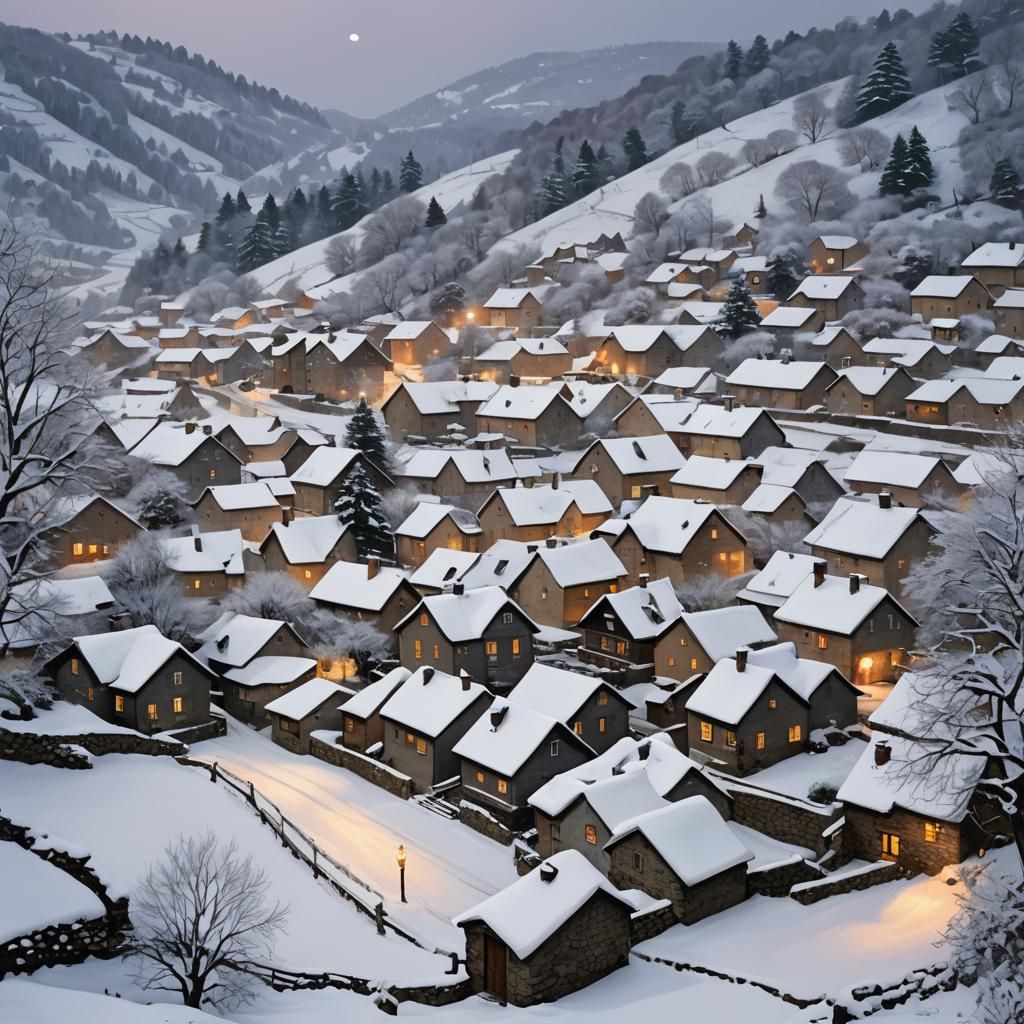 Snowfall Evening in a Fantastical Village