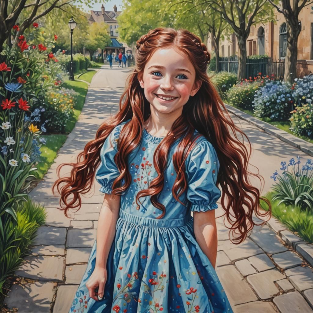 Smiling Girl in Spring, Colored Pencil Drawing