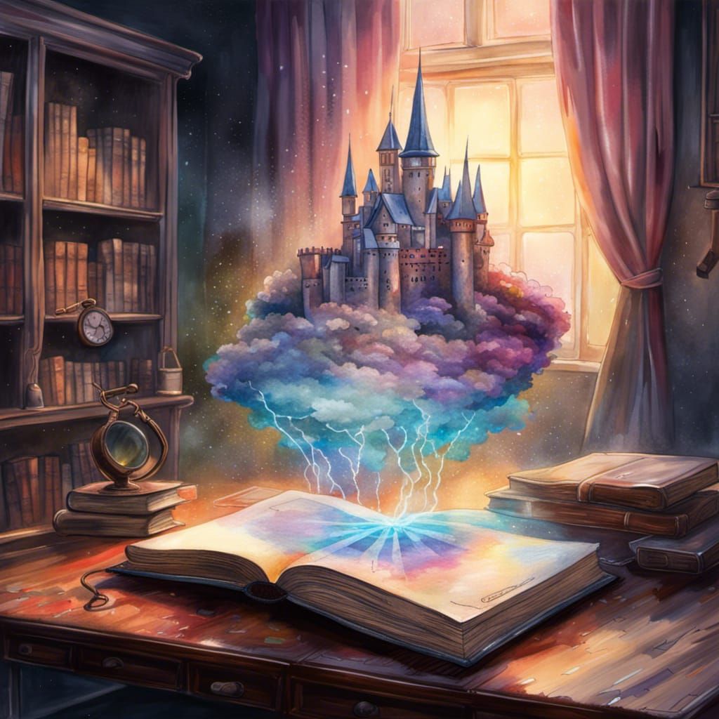 Holographic Fairytale Castle Over Book in Cyberpunk Style
