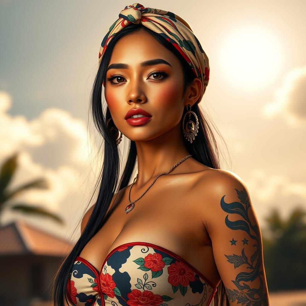 Beautiful Asian Woman with Tattoo in Ukiyo-e Style