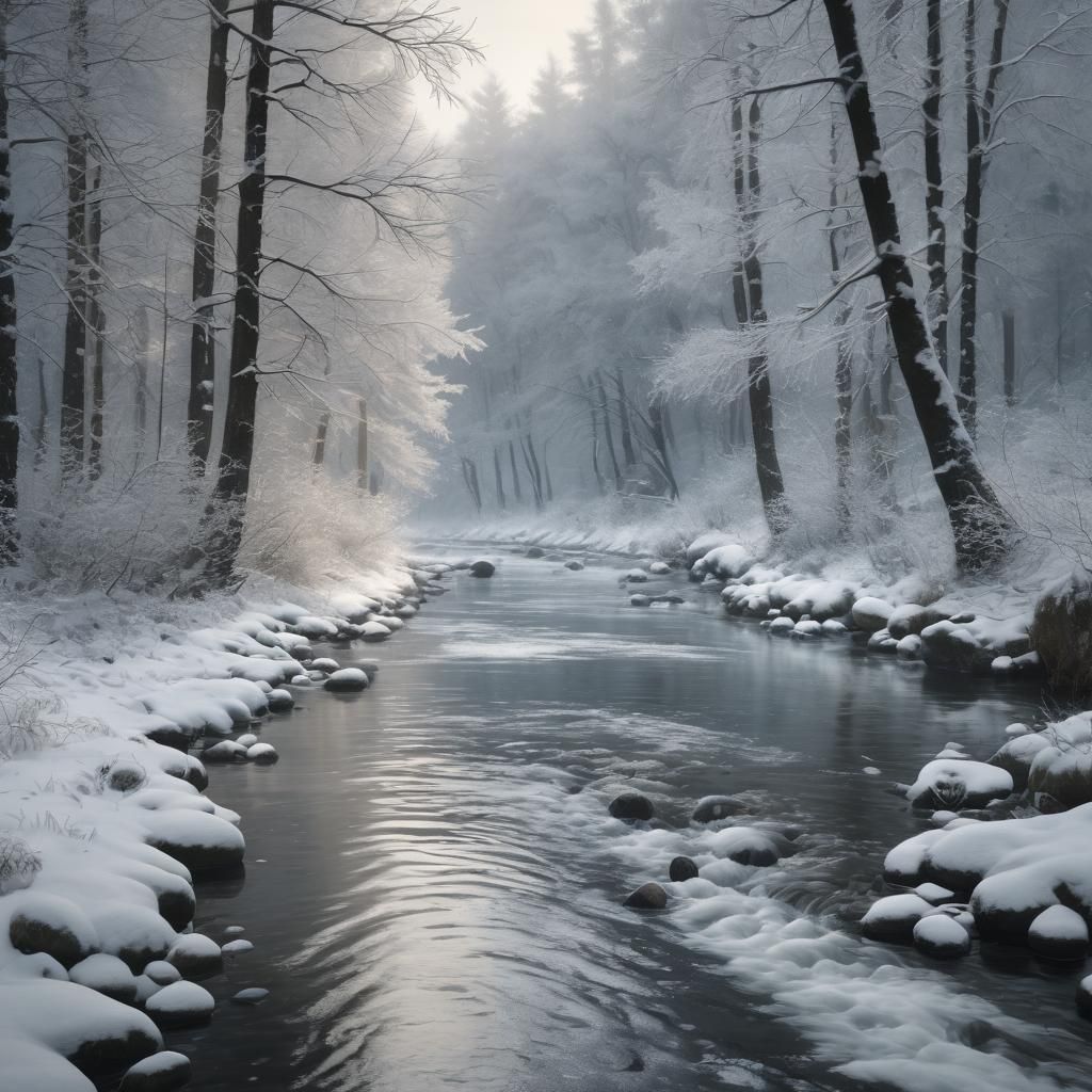 Surreal Winter Wonderland with Snow-Covered Trees and Frosty...