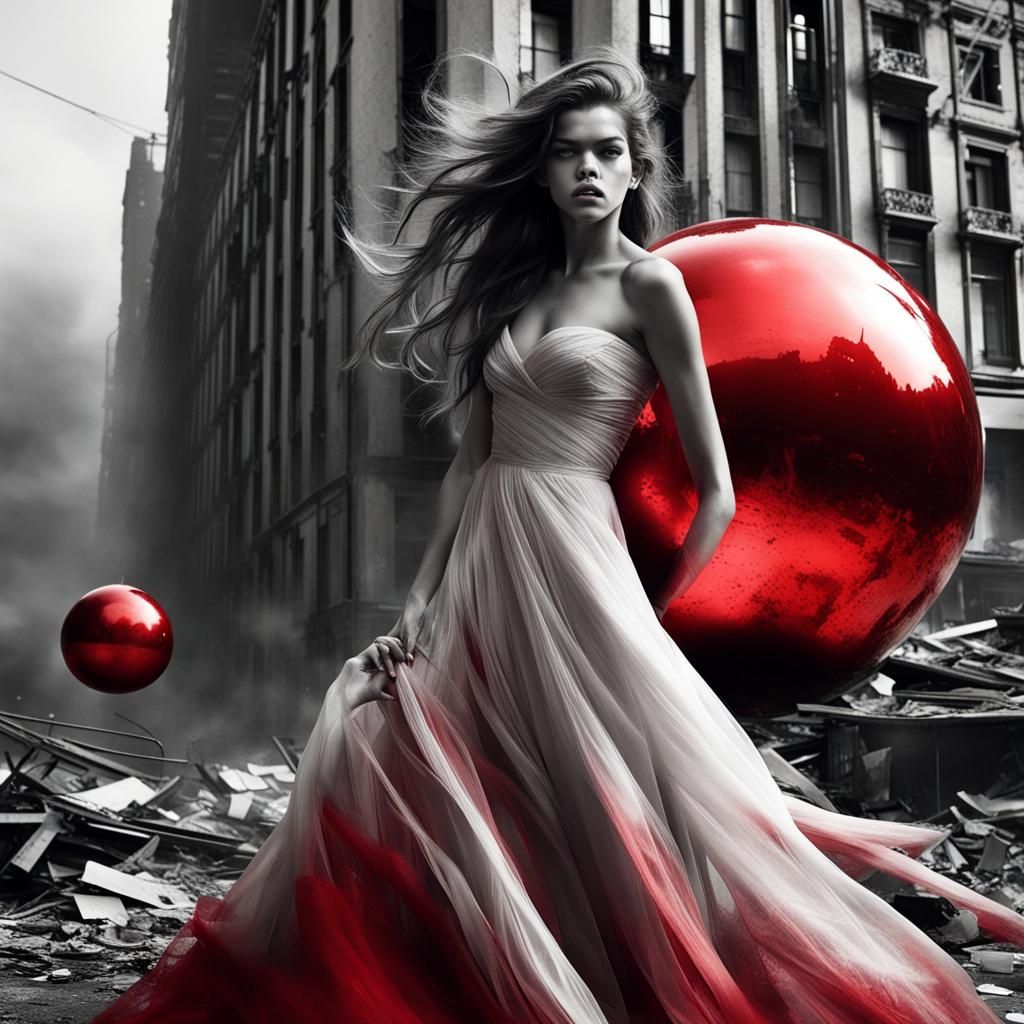 Apocalyptic Red Cityscape with Woman and Red Ball
