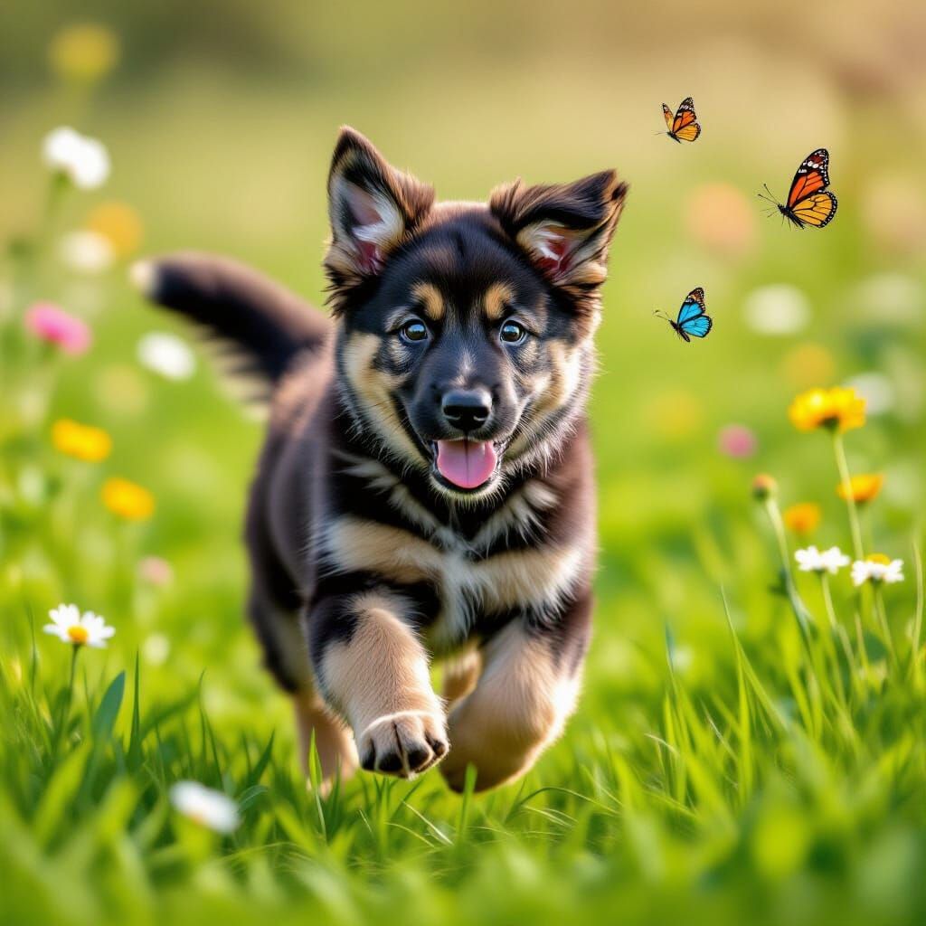 Adorable German Shepherd Puppy Bounding in Sunny Meadow