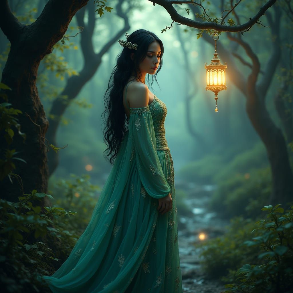 Regal Fantasy Princess in Ancient, Glowing Forest