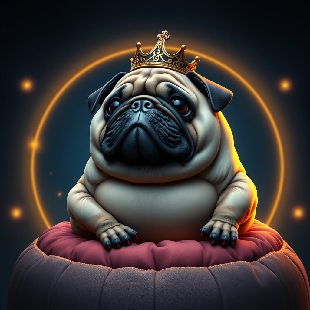 Voluminous Pug Royalty in Whimsical, Hyper-Realistic Style