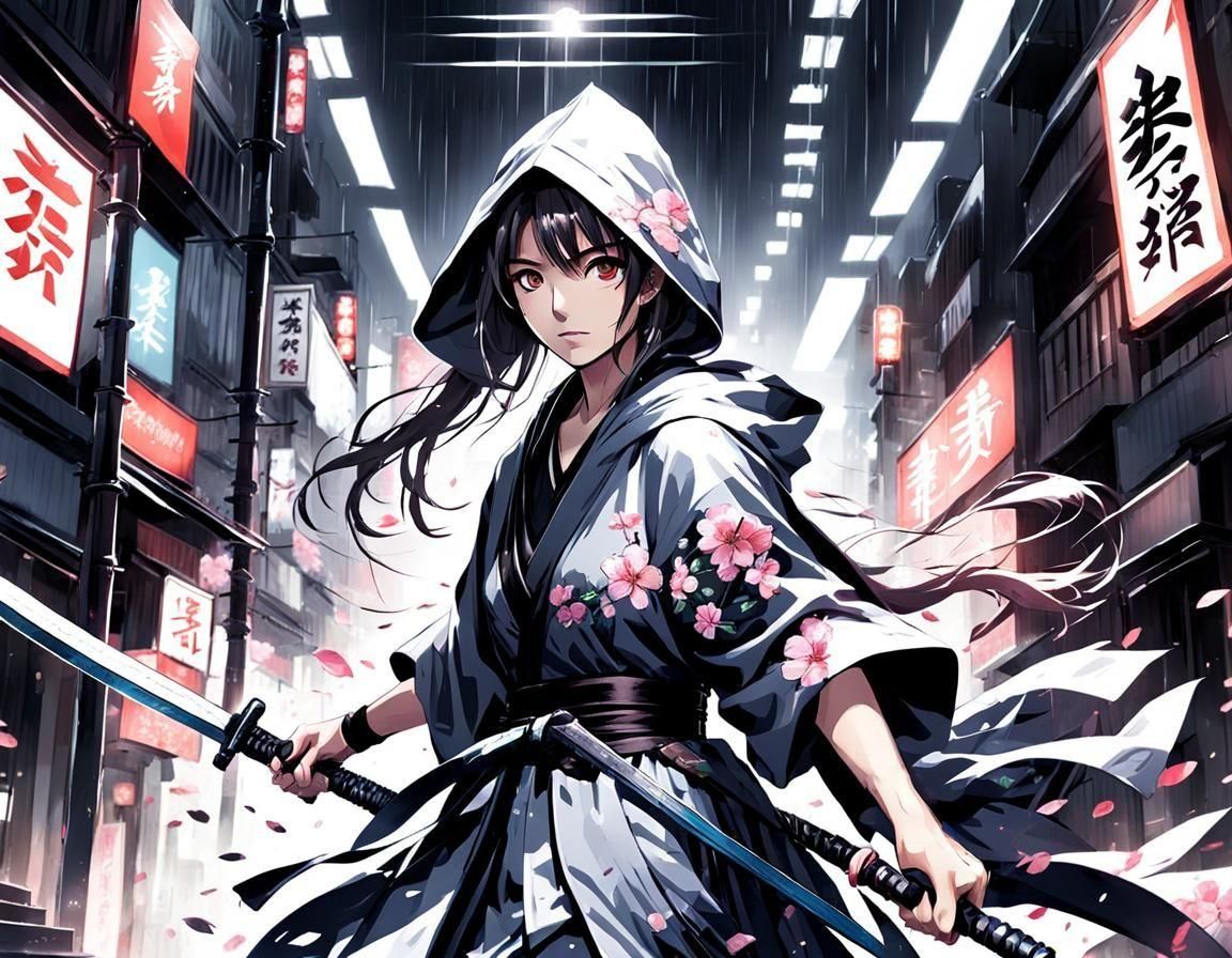 Anime Woman with Katanas in Rainy Tokyo