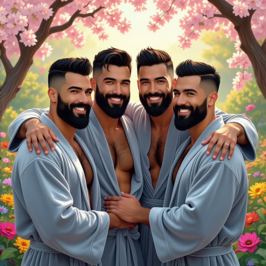 Joyful Men Hugging in Paradise Garden