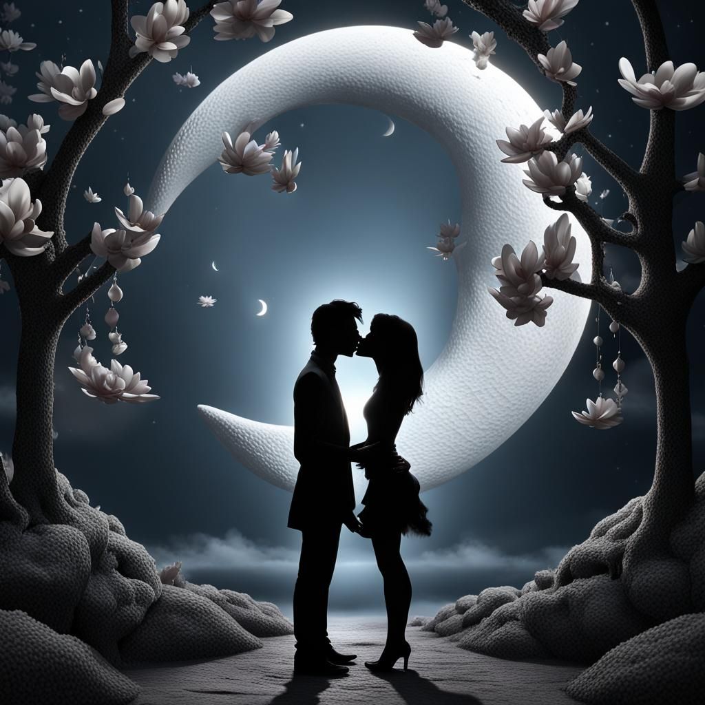 Surreal 3D Love Scene with Moon and Gems