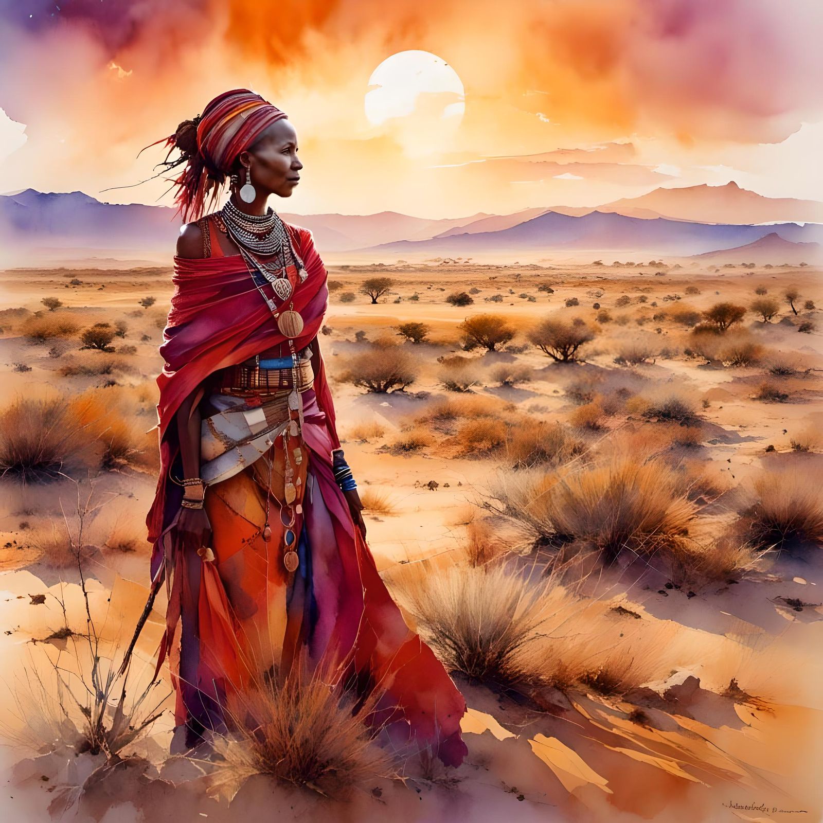Maasai Woman in Desert Landscape, Watercolor Art