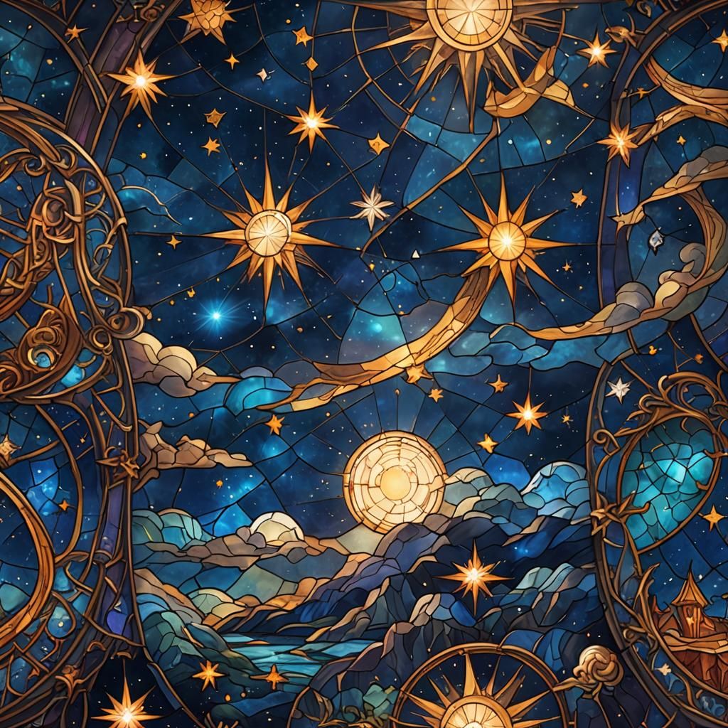 Celestial Night Sky in Stained Glass Style