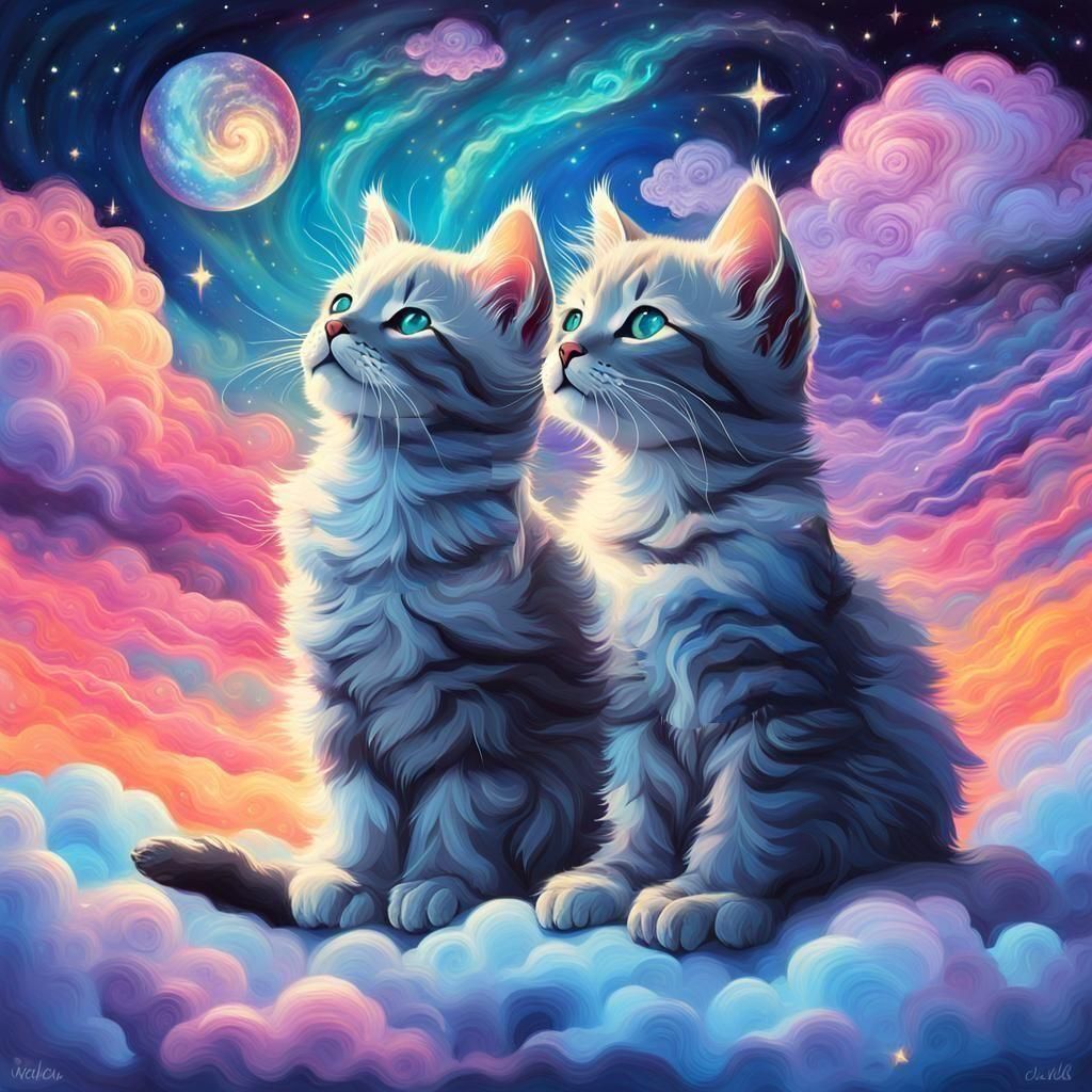 Cosmic Kittens: Holographic Illustration in Mixed Media Styl...
