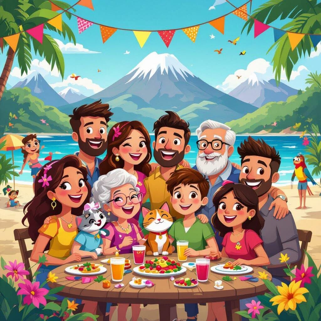Cartoon Group Celebrates on Beach with Pets