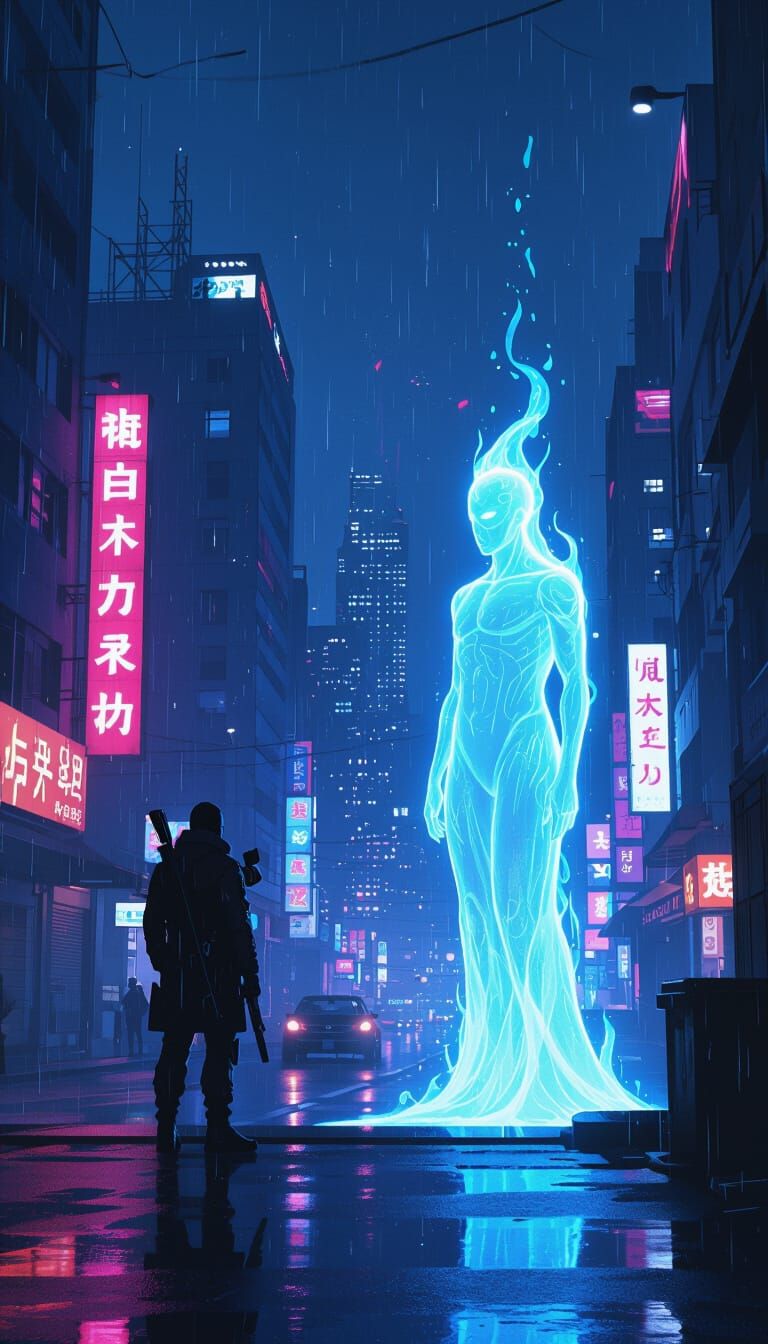 Cyberpunk Sniper With Spirit Companion Overlooking Rainy Nig...