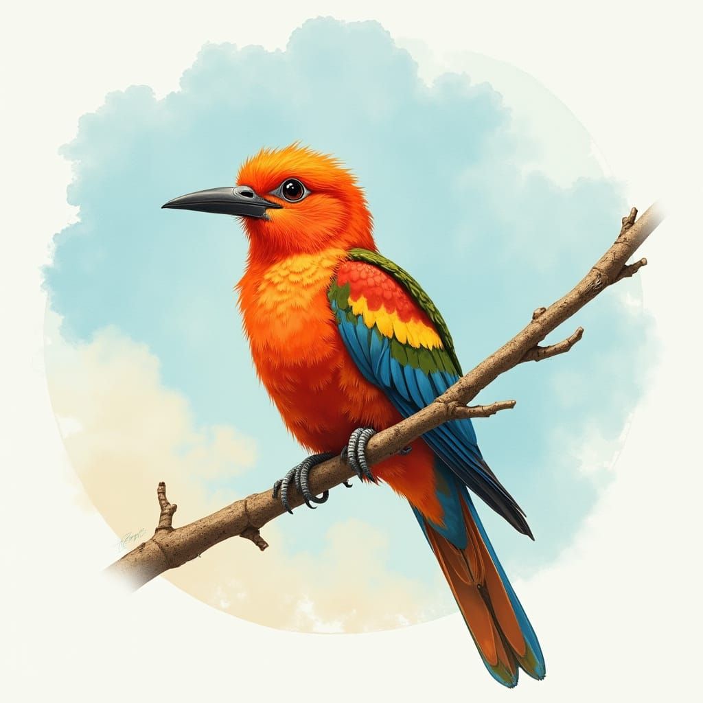 Ethereal Bird Perched on Branch in Vibrant Plumage