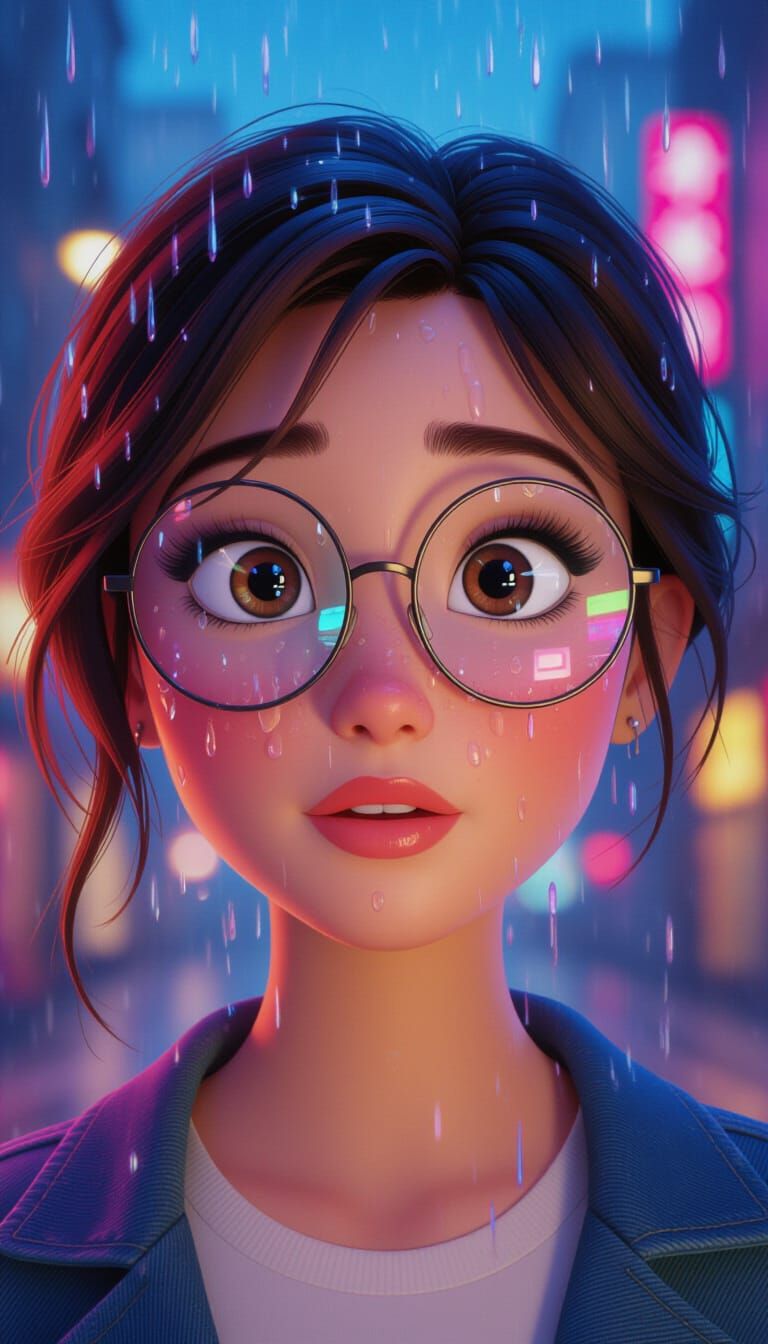 Pixar-Style Portrait of Woman with Rain-Streaked Glasses
