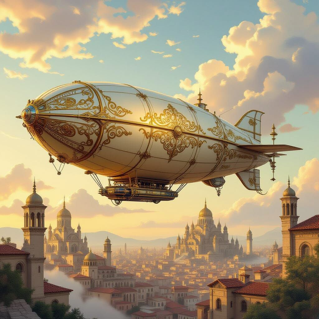 Majestic Airship Above Ancient City in Art Nouveau Style