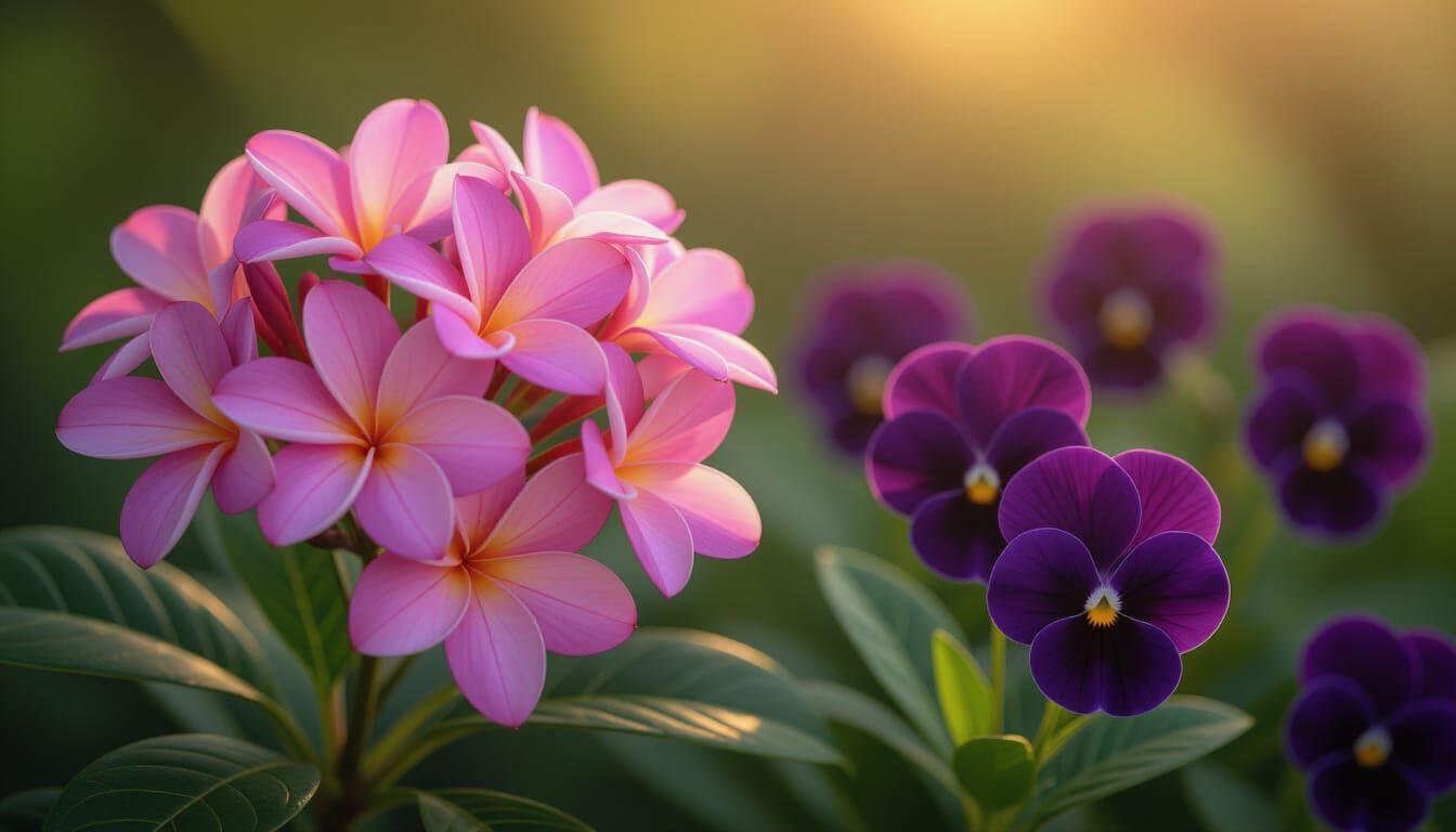 Vibrant Pink Plumeria & Purple Pansies in Serene Garden Para...