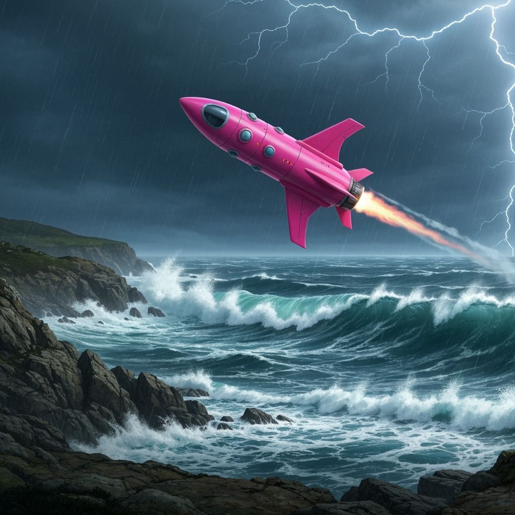 Pink Rocket Ship Flying Over Stormy Coastline
