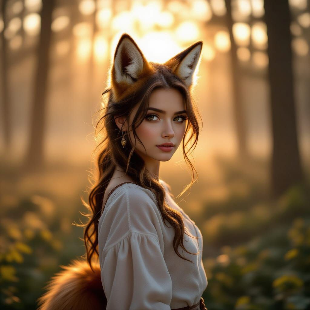 Fox-Human in Misty Forest at Sunrise