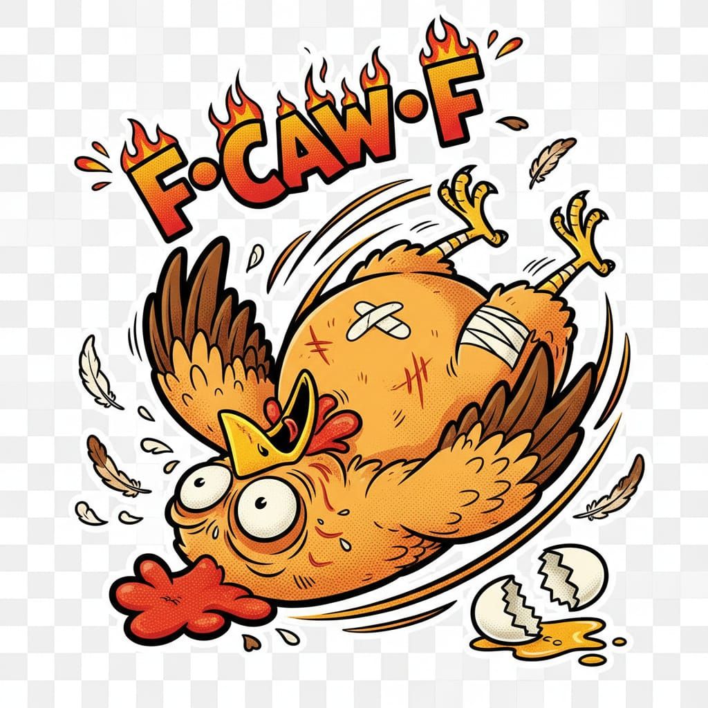 Chaotic Hen Faints Dramatically in Bold Cartoon Style
