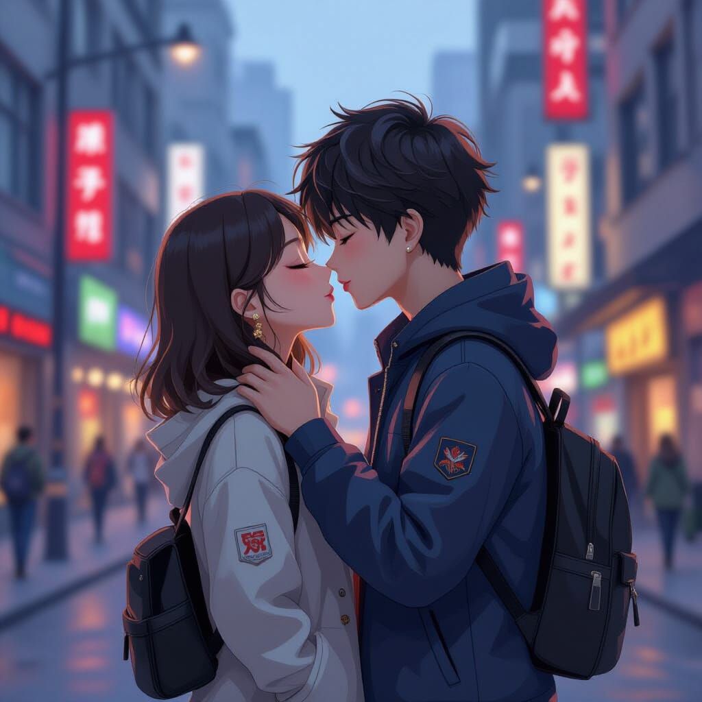 Anime Style: Girls and Boys Kissing in City