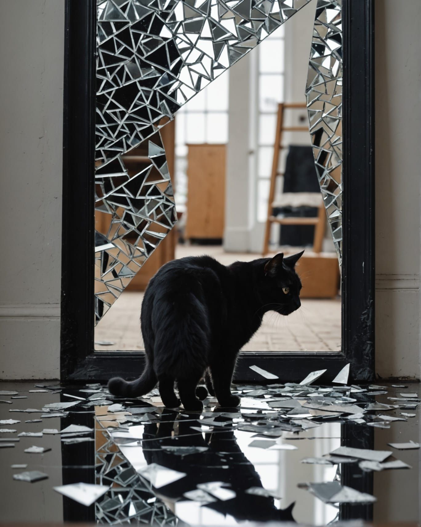Broken Mirror Shards Reflecting Black Cat