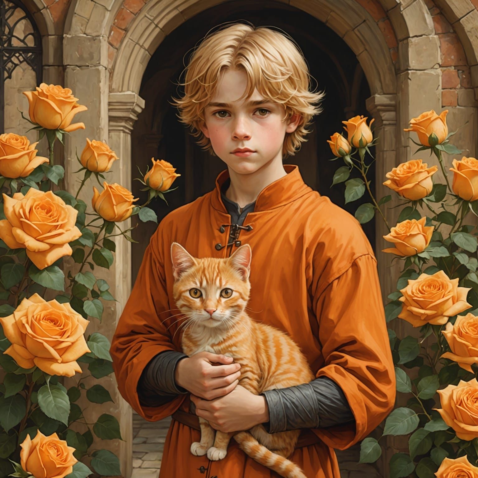 Boy and Cat in Medieval Anime Style