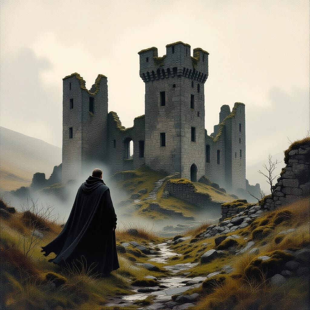 Contemplative Man at Ancient Scottish Castle Ruins