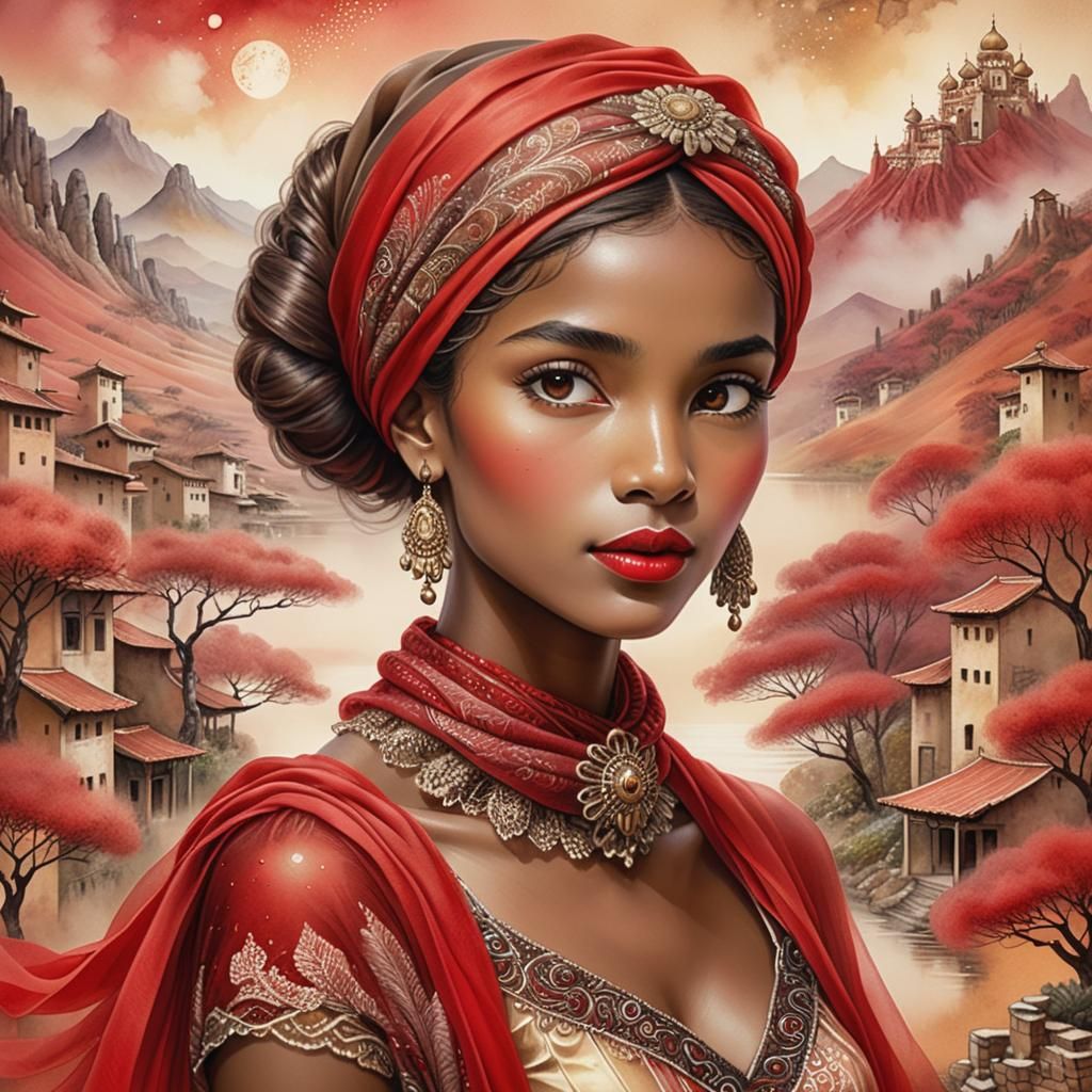 Lady in Red Tulle Scarf, Josephine Wall Style