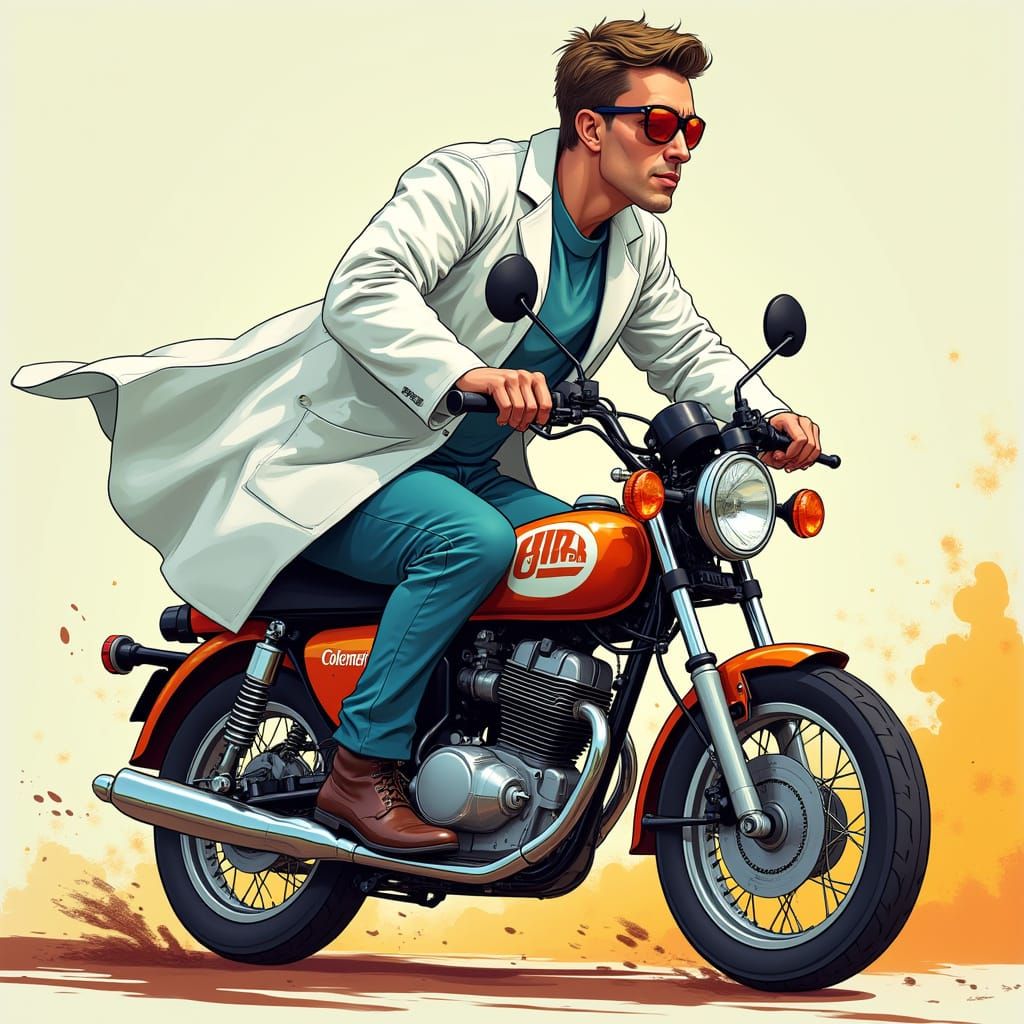 Doctor on Minibike: Stylized Sci-Fi Illustration