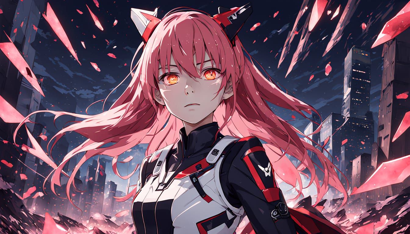 Anime-Inspired Darling in the Franxx Character in a Ruined C...