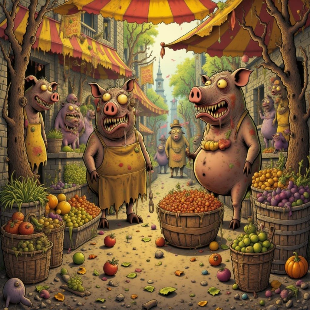 Pigs Selling Produce at Lively Market Oil Painting