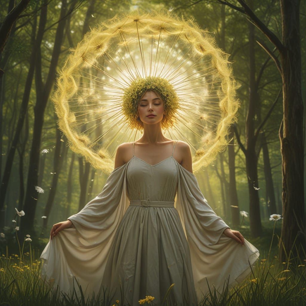 Whimsical Dandelion Goddess in a Verdant Meadow