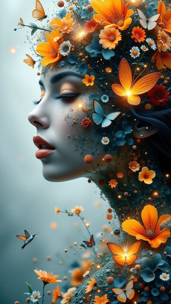 Ethereal Woman with Butterflies and Music Notes